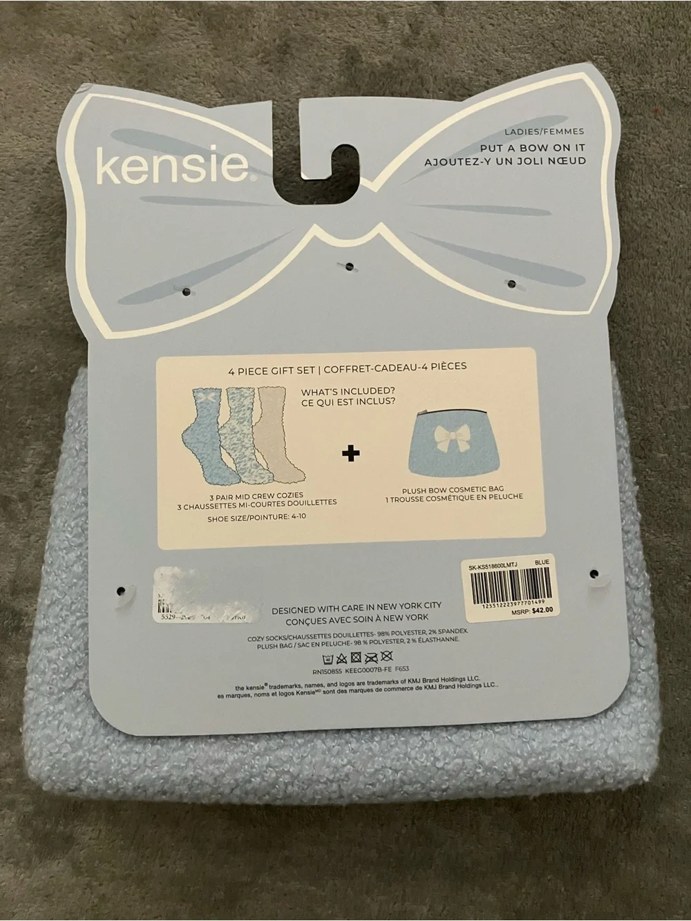 kensie Womens Blue Bow Cozy Gift Set - Cosmetic Case & Socks